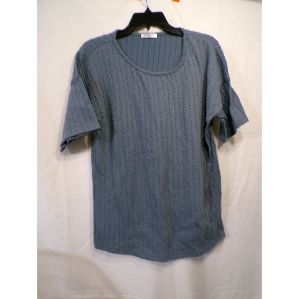 Ekouaer Women L Blue Knit Short Sleeve Top Vertical Textured Stripe